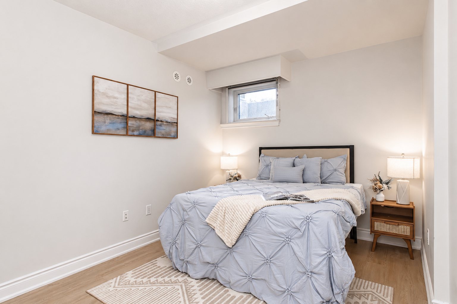 Calm staged bedroom with soft grey bedding and framed coastal art