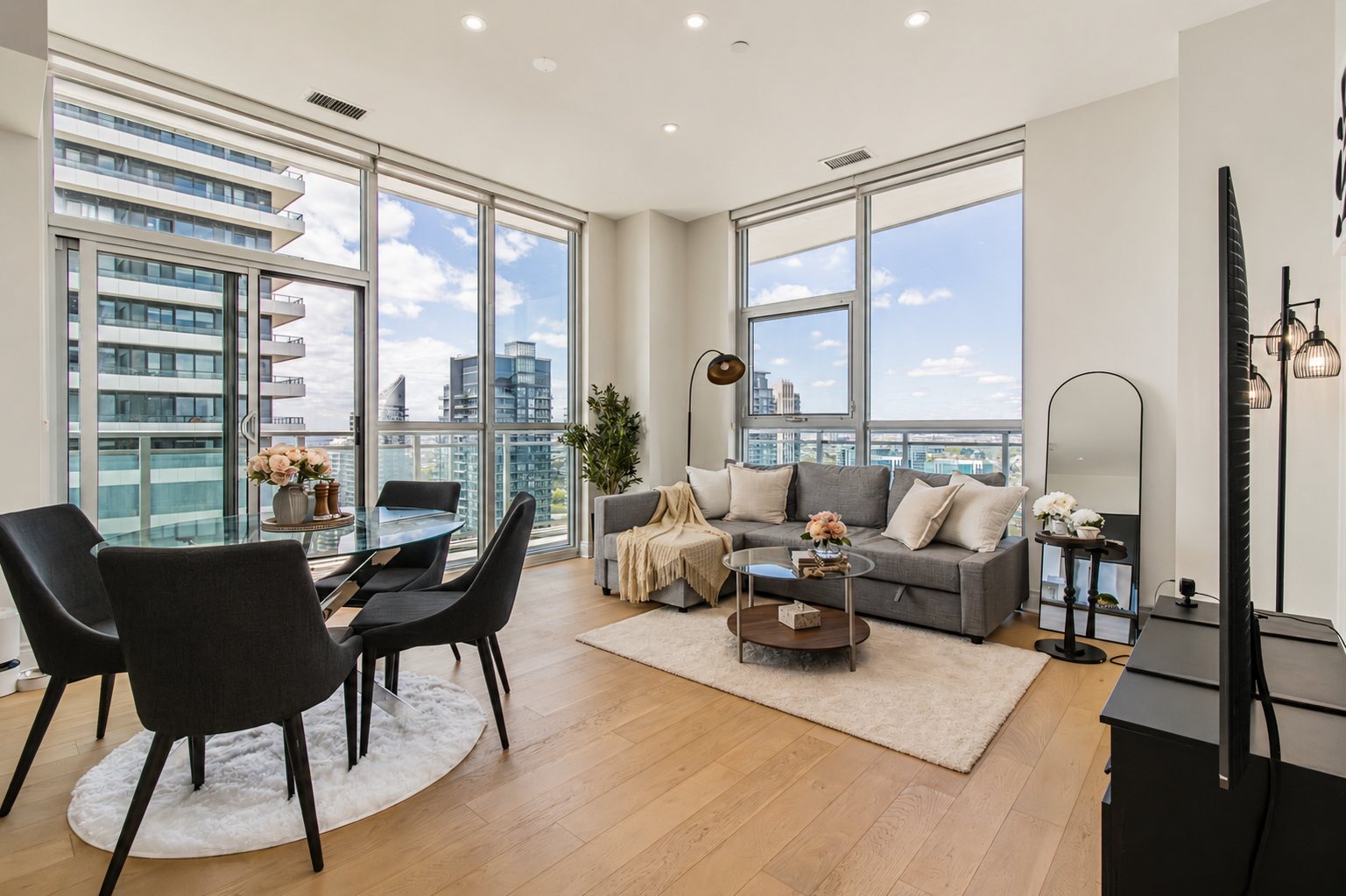 Bright open-concept living room with floor-to-ceiling windows and a city skyline view