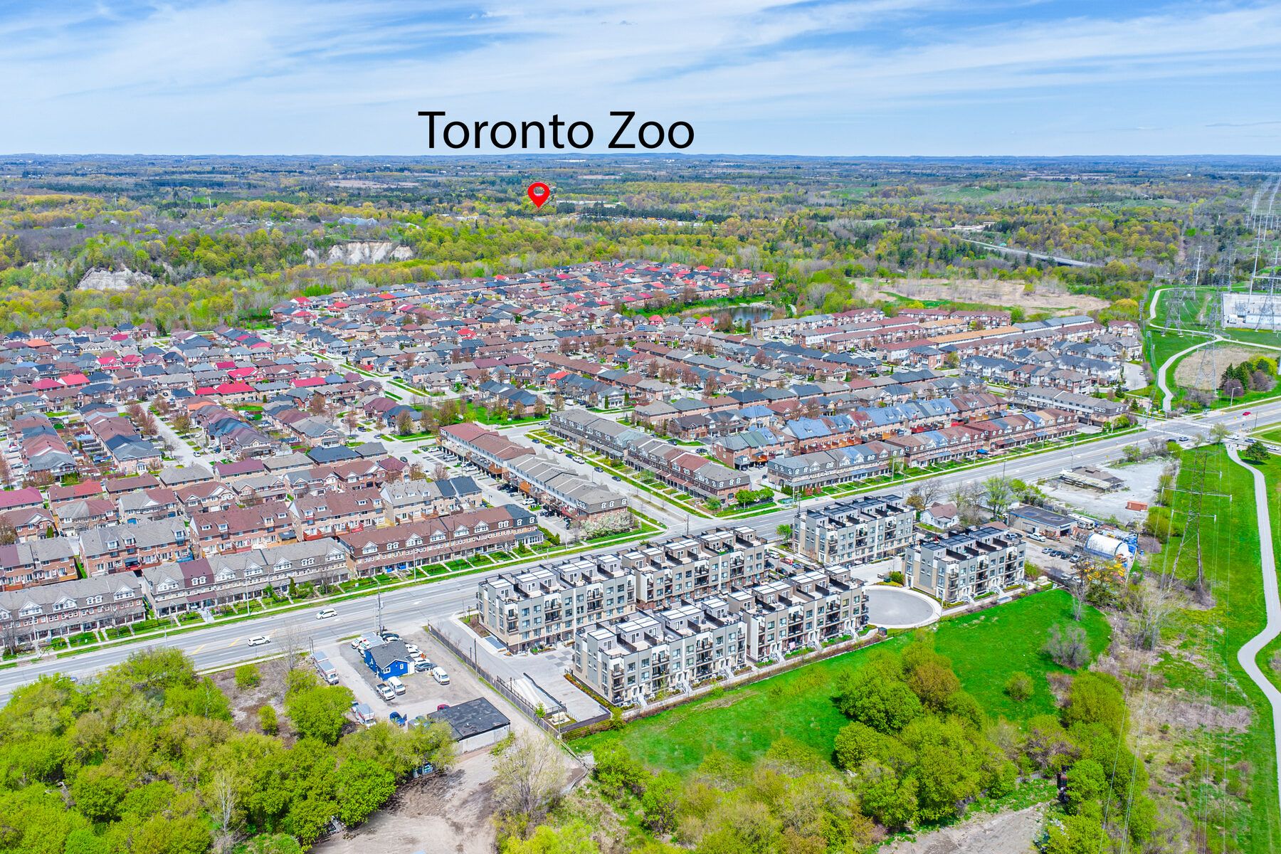 Drone aerial with distance callout to Toronto Zoo, Scarborough listing